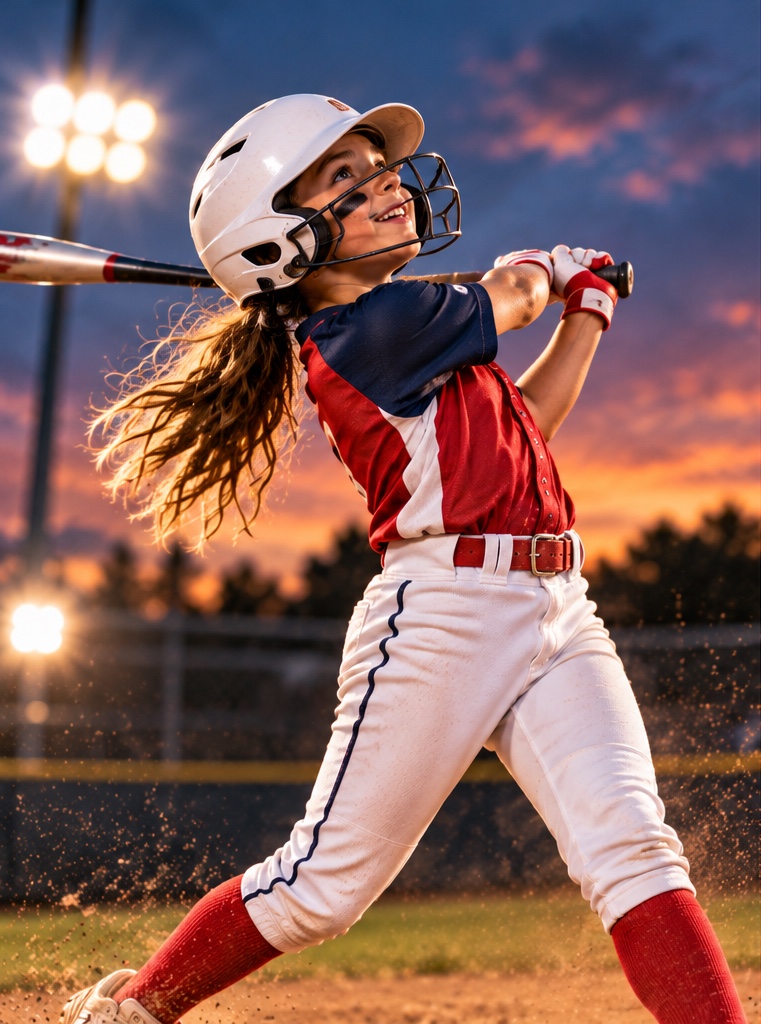 A softball player follows through on a swing under the lights at sunset